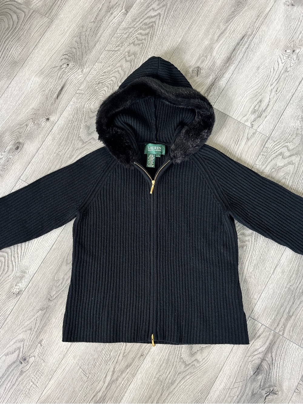 Lauren Ralph Lauren Black Wool & Cashmere Sweater with Fur Hood (Large)